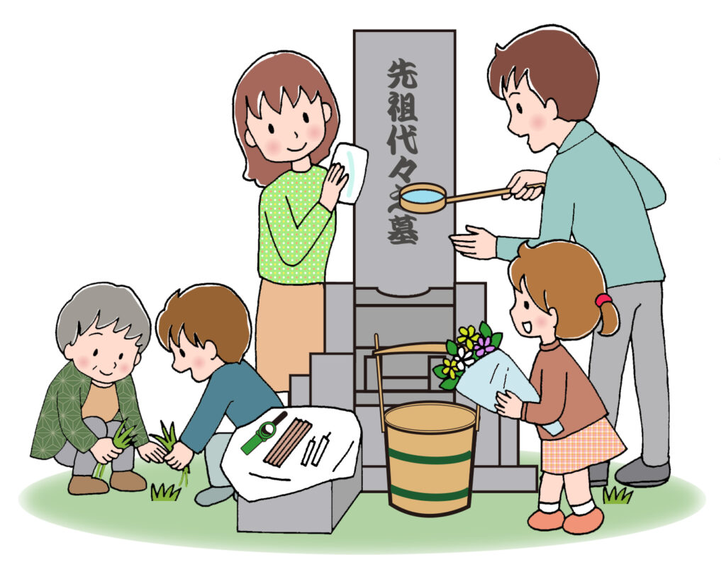 家族みんなでお墓参り　掃除やお供え
